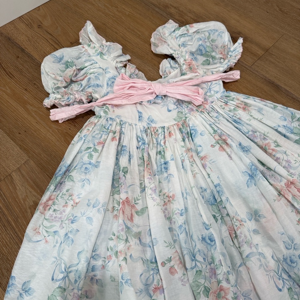 Selkie Pastel Floral Ruffle Dress with Pink Waist Tie - Picture 3 of 4